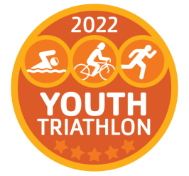  Logo for the Youth Triathlon 2022. Circle with golden yellow outline, bottom of circle is dark orange with five orange stars. Top of circle are white icons on orange background. Text in white reads 2022 YOUTH TRIATHLON.