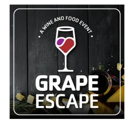 Graphic with white text that reads A Wine and Food Event, a wine glass white outline with red and purple fill half the glass. The largest words GRAPE ESCAPE in the bottom third. The background is an image of a dark wood/black table with cheese, rosemary  at the bottom right.
