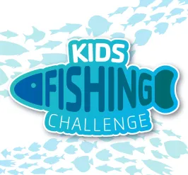 Blue fish background with Kids Fishing Challenge words in the design of a fish.