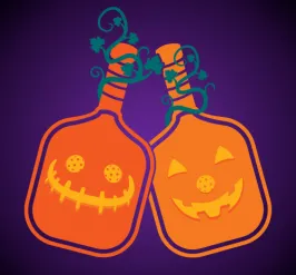 Two orange pickleball paddle illustrations with jack-o-lantern faces and dark green vines around the handles.Black to purple radial gradient background.