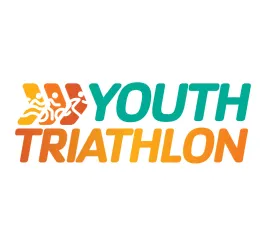 Graphic with chevrons including swimmer, biker and runner stick images. Youth Triathlon is written with green and orange text.