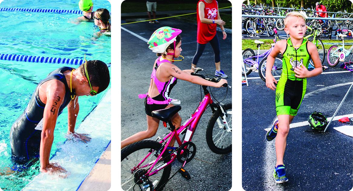 3 photos: youth swimmer, biker, runner