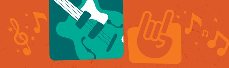 green guitar graphic with white highlights. orange background with music symbols and rock and roll hand sign.