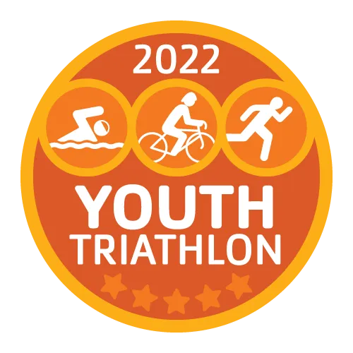 Logo for the Youth Triathlon 2022. Circle with golden yellow outline, bottom of circle is dark orange with five orange stars. Top of circle are white icons on orange background. Text in white reads 2022 YOUTH TRIATHLON.