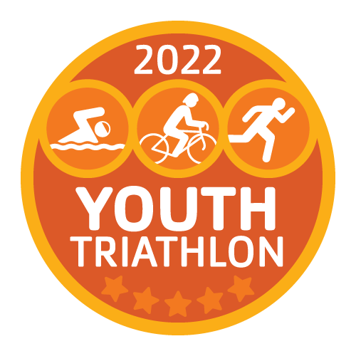 Logo for the Youth Triathlon 2022. Circle with golden yellow outline, bottom of circle is dark orange with five orange stars. Top of circle are white icons on orange background. Text in white reads 2022 YOUTH TRIATHLON.