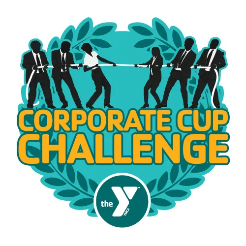 The Corporate Cup Challenge logo in golden yellow letters. Green circle with dark green leaf branches, white YMCA logo in dark green circle. Black graphic of six suited people playing tug of war.