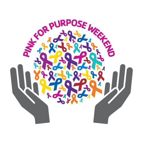 Graphic. Top reads Pink For Purpose in dark pink. Gray hands at bottom, with colorful graphic ribbons in a circle, like the hands are holding all the ribbons.