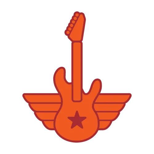 Dark orange upright guitar illustration in dark red outline and dark red star in the middle.