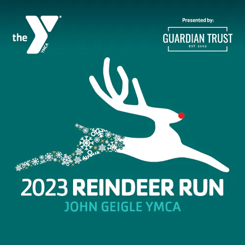 Green background with Y logo and white and designed reindeer logo. The text says 2023 Reindeer Run John Geigle YMCA and is presented by Guardian Trust