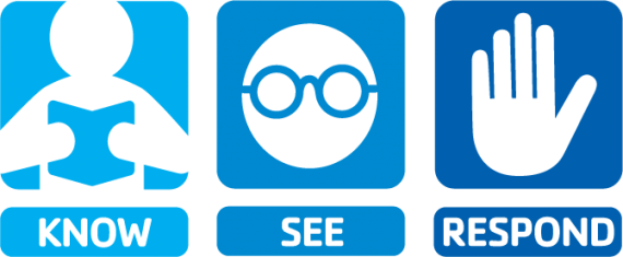 person reading "know," head with glasses "see," hand up "respond"