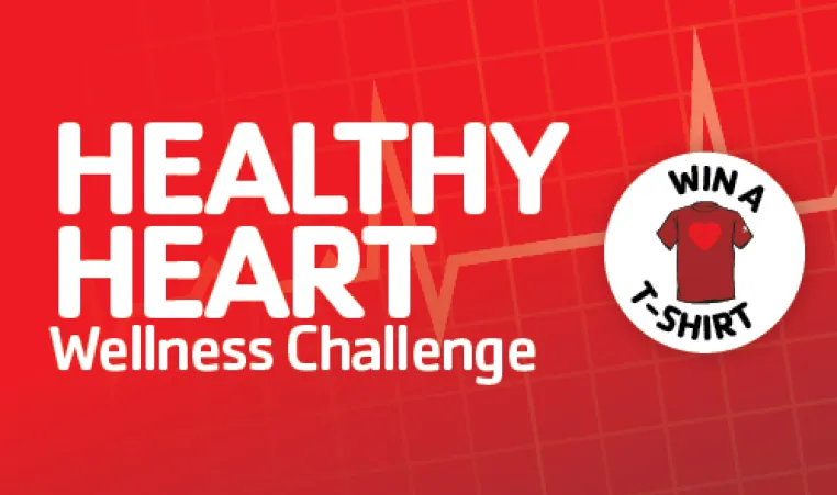 graphic with red background. white letters say Healthy Heart Wellness Challenge in white letters.