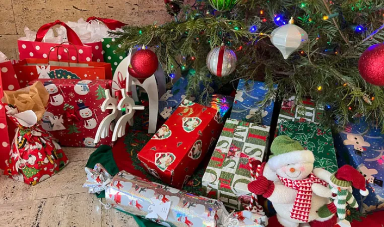 Gifts under decorated Christmas tree.